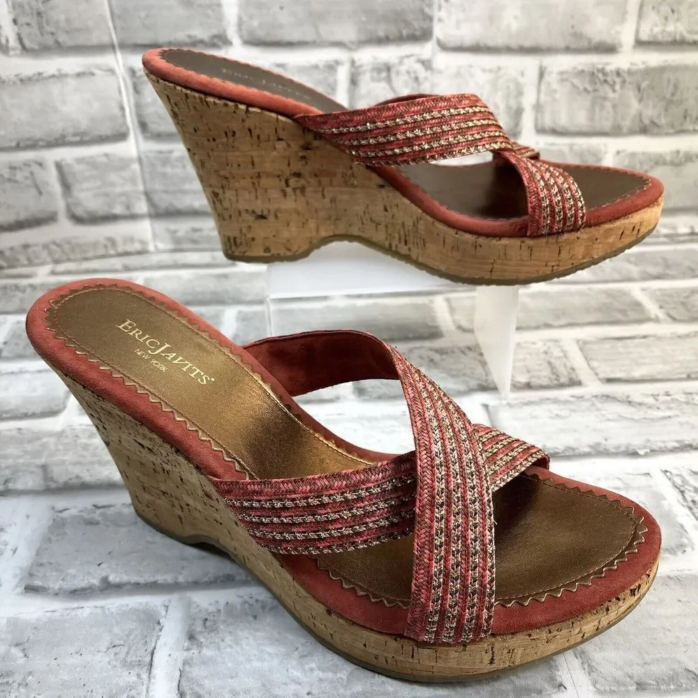 Eric Javits New York Women’s 10 Woven Wedge Crisscross Cork Sandals
